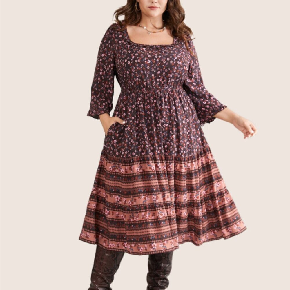 BloomChic Ditsy Floral Patchwork Square Neck Frill Trim Dress Size L us 12